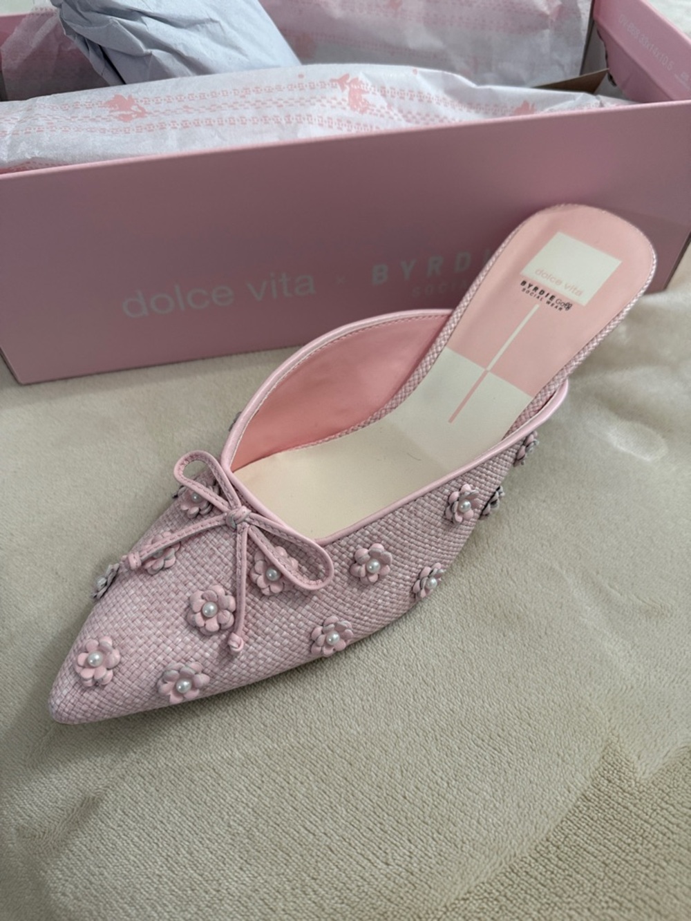 NWT Dolce Vita Pink Pearls Floral Pointed-Toe Mule Kitten Heel